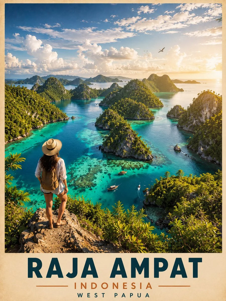A lone traveler gazes at Raja Ampat's turquoise lagoon from a high cliff.