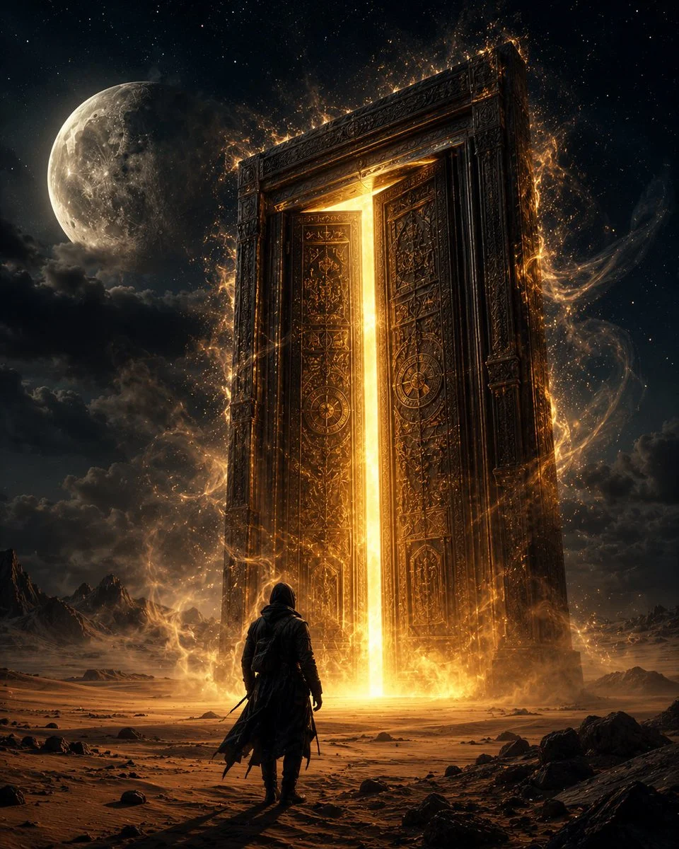 A lone traveler marvels at a glowing door beneath a massive moon