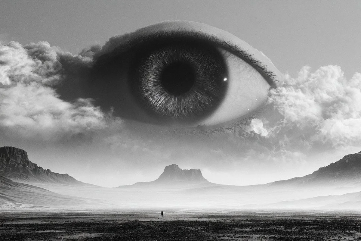 A lone tree stands in a surreal black and white void