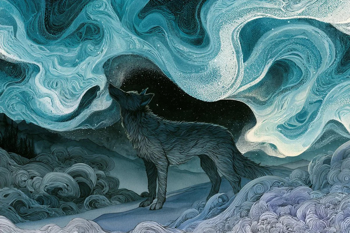 A lone wanderer drifts through swirling ink dreamscapes with flowing patterns.