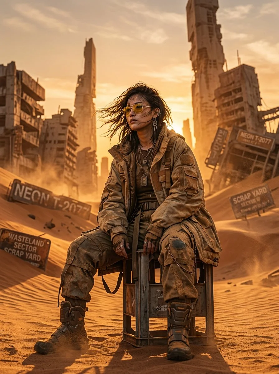 A lone wanderer watches the sunset over forgotten empire ruins