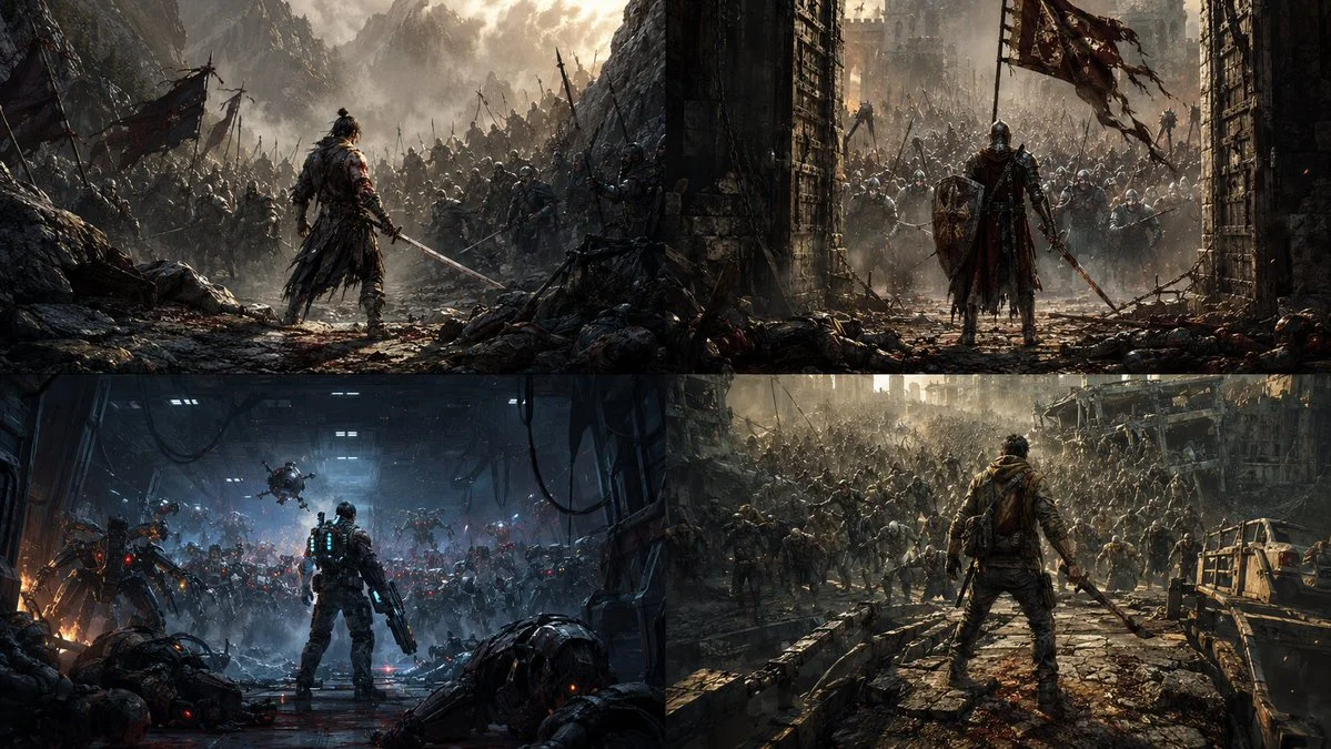 A lone warrior stands firm before an endless horde at the bridge.