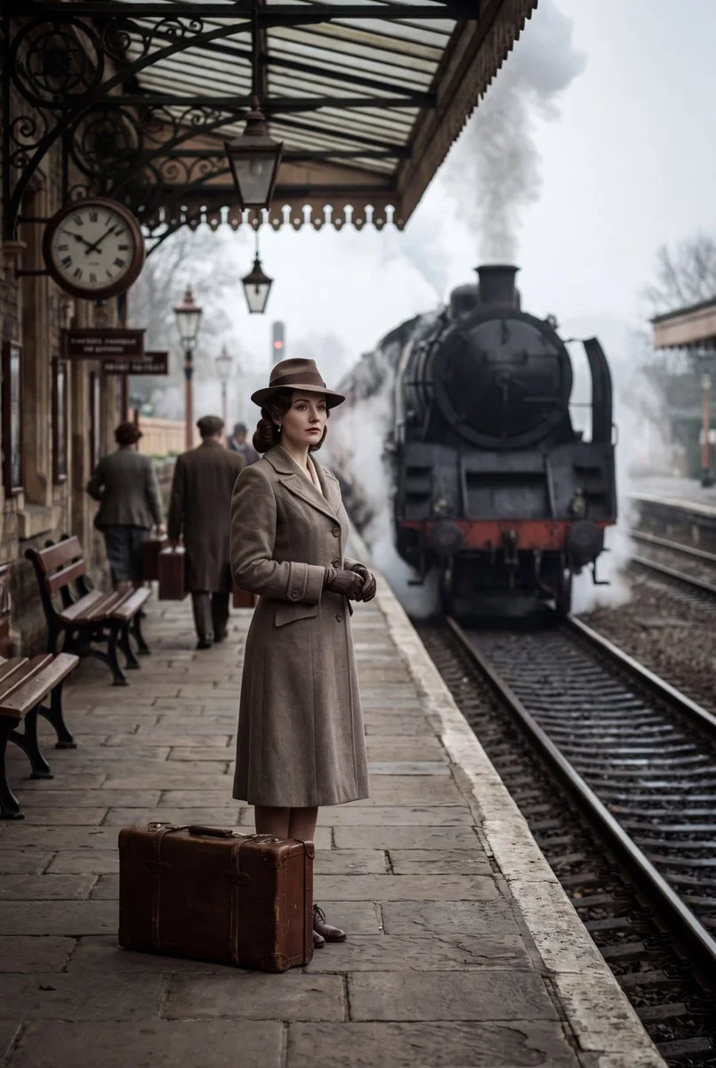 A lone woman in 1940s attire waits by steaming locomotive at a vintage station
