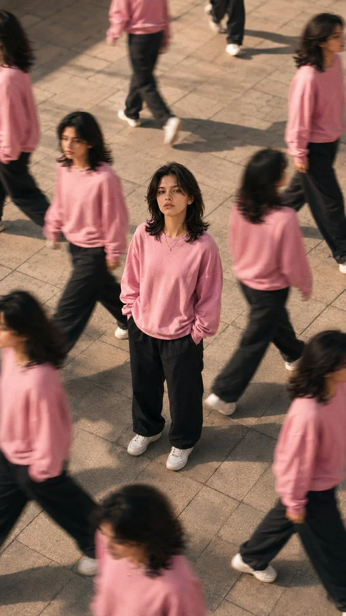 A lone woman stands still while her clones walk around her