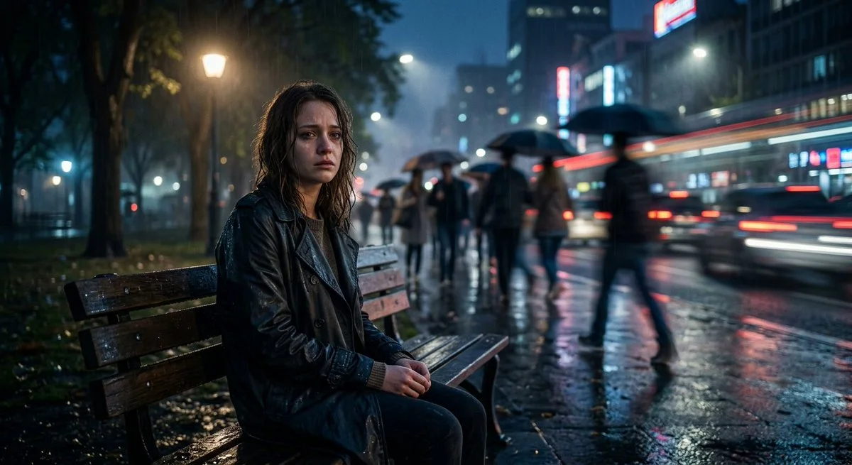 A lonely woman sits motionless on a wet bench as time races around her