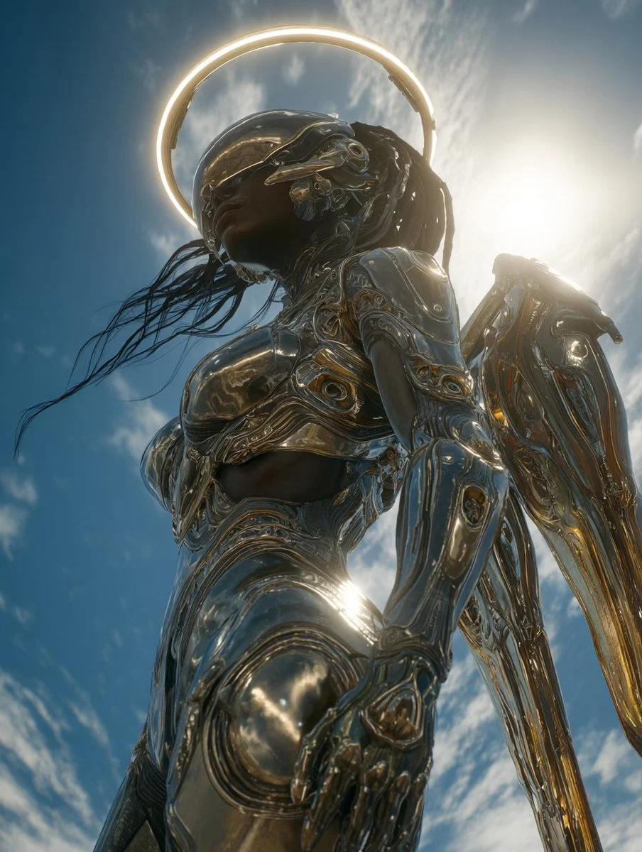 A low-angle shot captures a cyborg queen with crystalline wings in sunlight