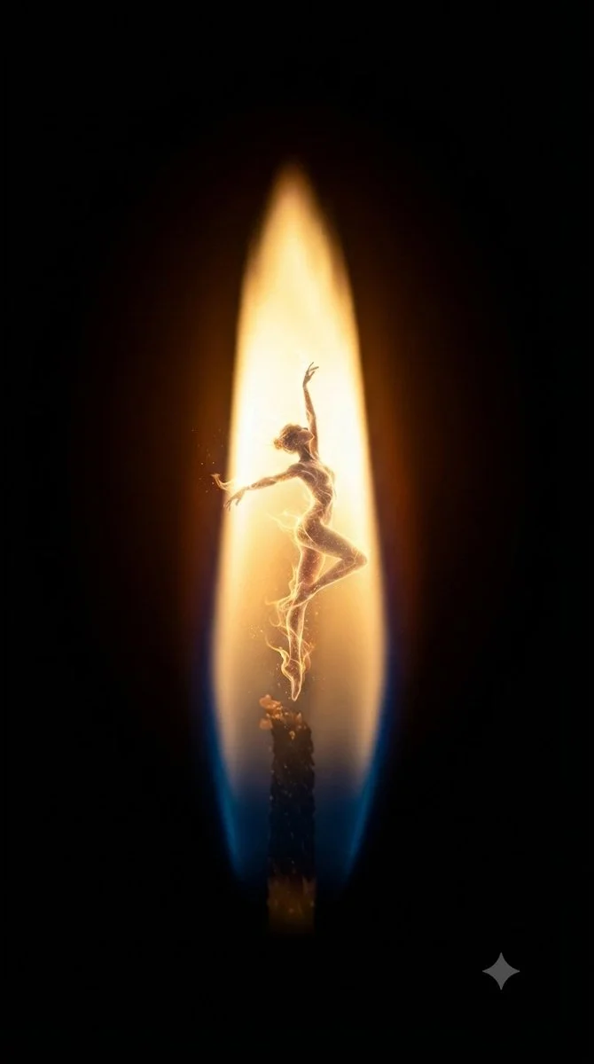 A luminous dancer emerges from a single match flame in darkness