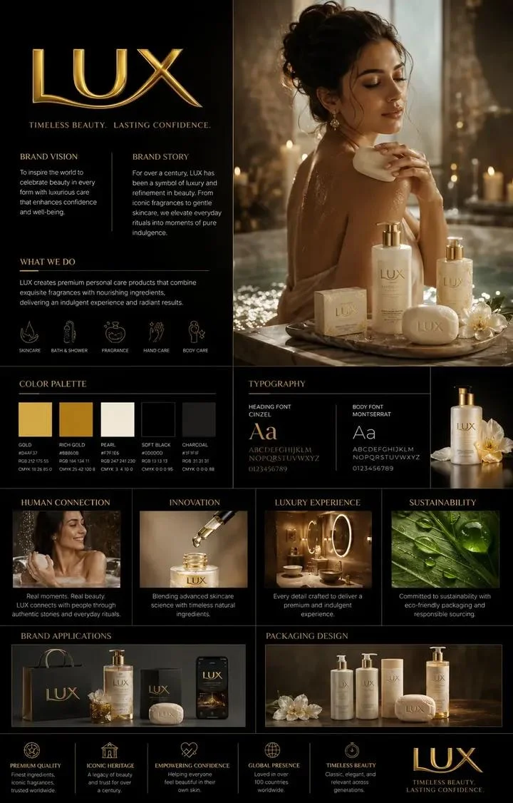 A luxury brand guidelines poster showcases elegant corporate design.