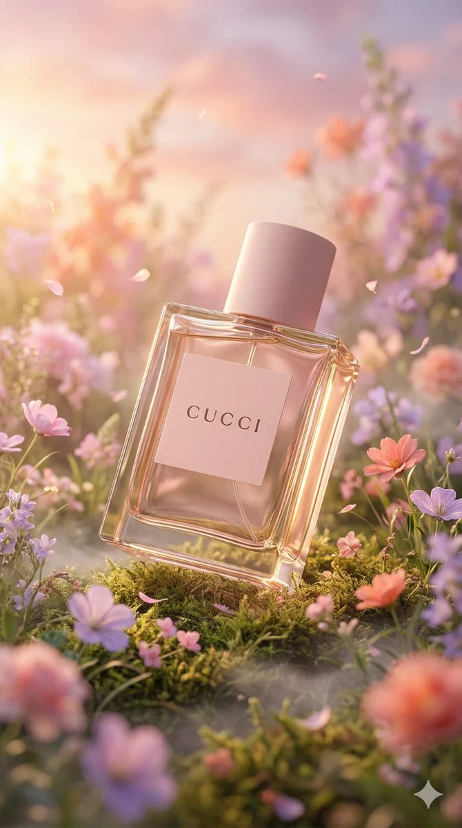 A luxury Cucci perfume bottle glows in a fantasy meadow sunset