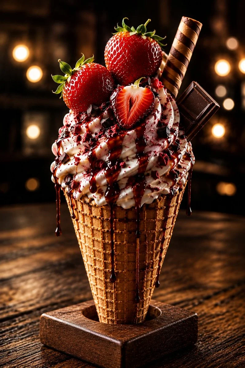 A luxury strawberry chocolate ice cream cone sits on a rustic wooden table