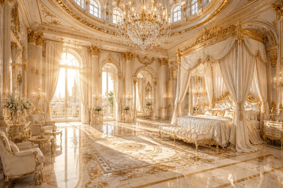 A majestic princess bed glows under a crystal chandelier's warm light