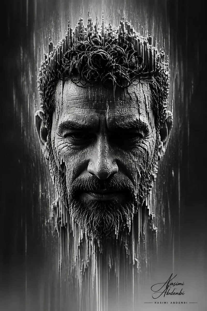 A male face emerges from digital erosion in monochrome