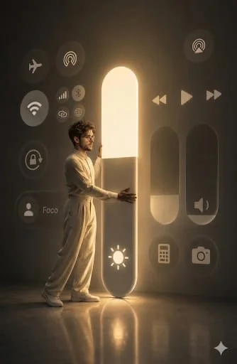 A man adjusts a giant glowing brightness slider in a surreal room