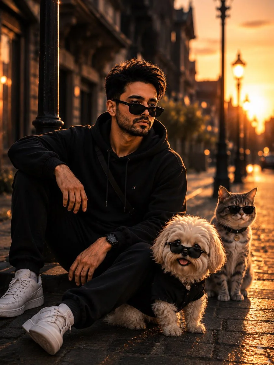 A man crouches by a lamp post with two stylish pets