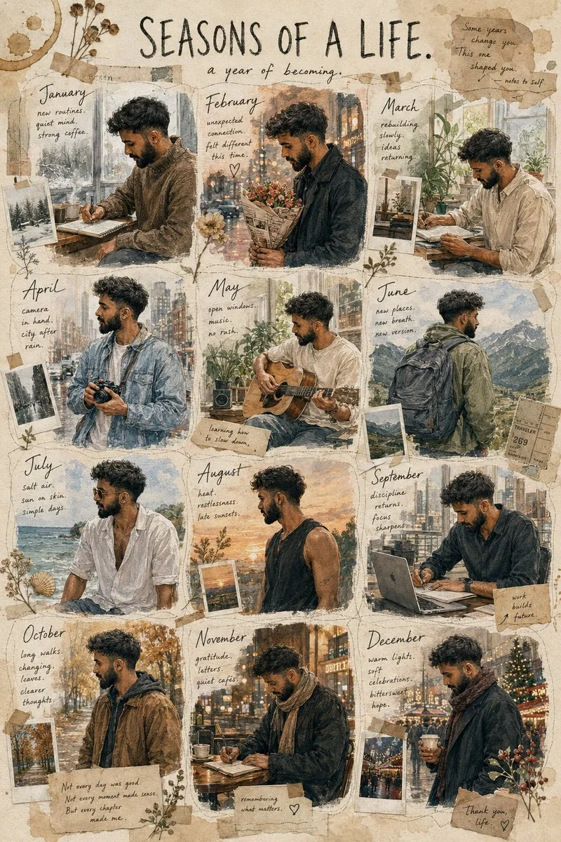 A man evolves through twelve months in a scrapbook almanac