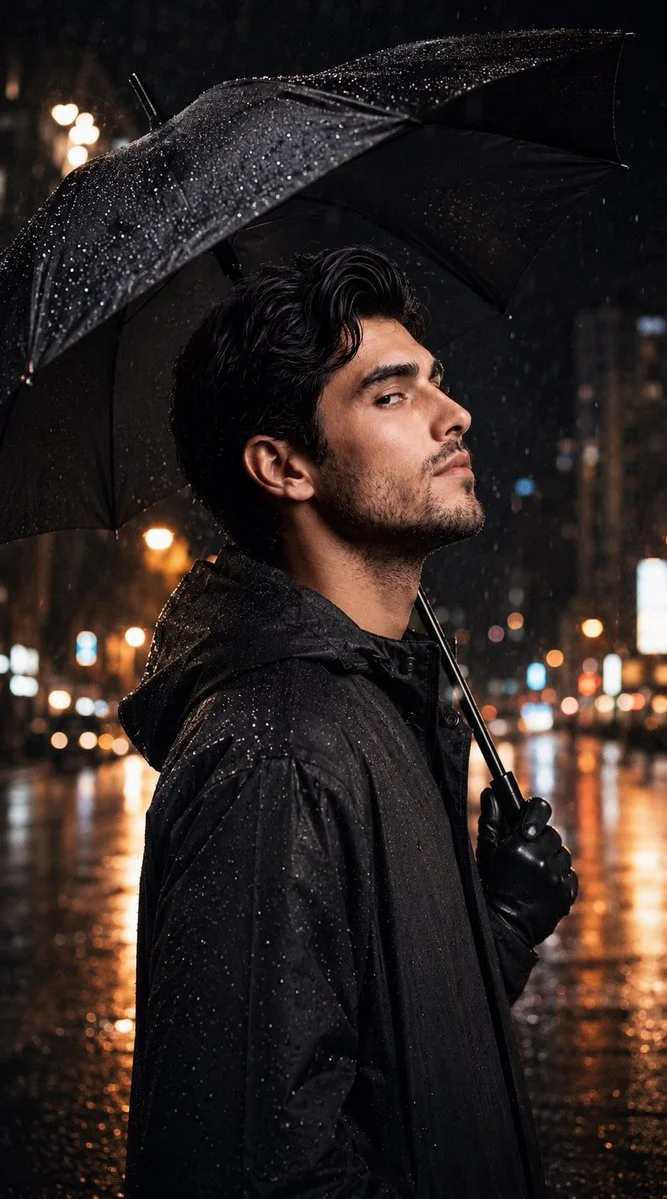 A man in a black raincoat holds an umbrella under glowing city lights