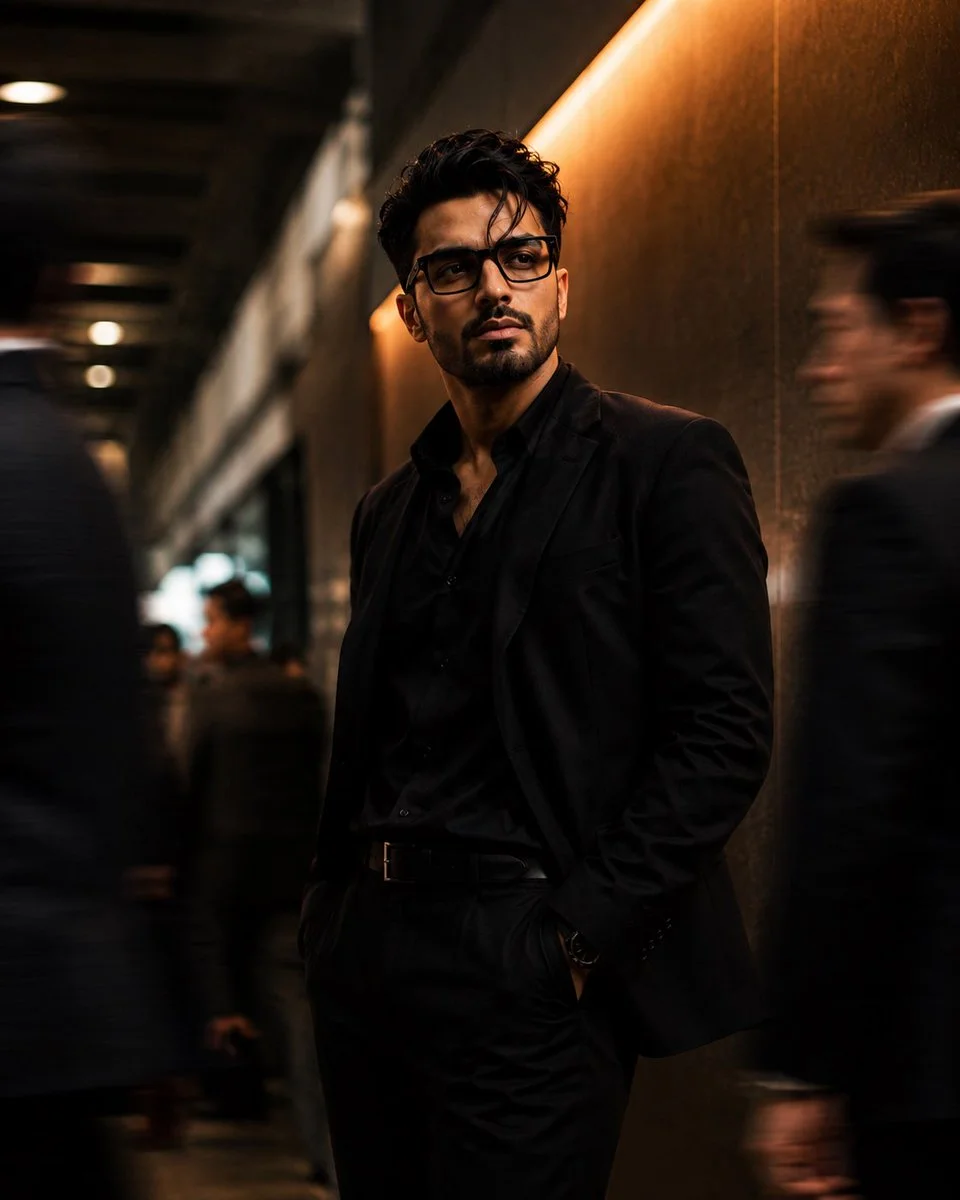 A man in a black suit stands still amid blurred pedestrians