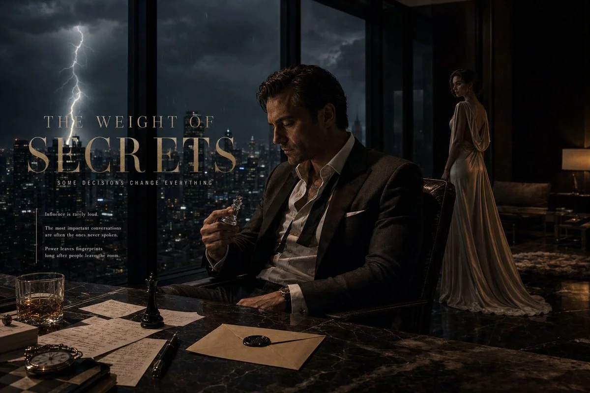 A man in a charcoal suit contemplates a crystal chess piece