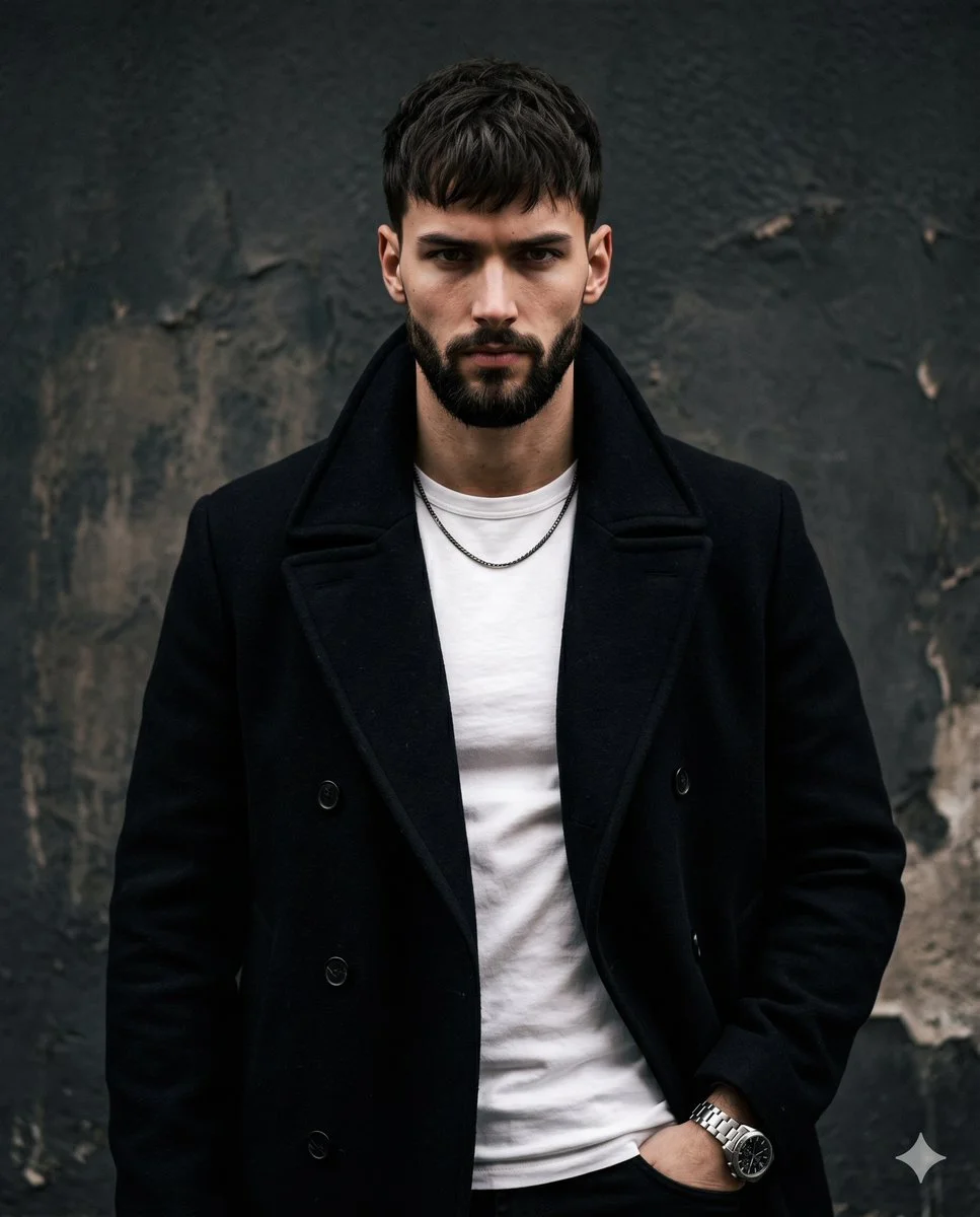 A man in a dark coat stares intently in a gritty studio