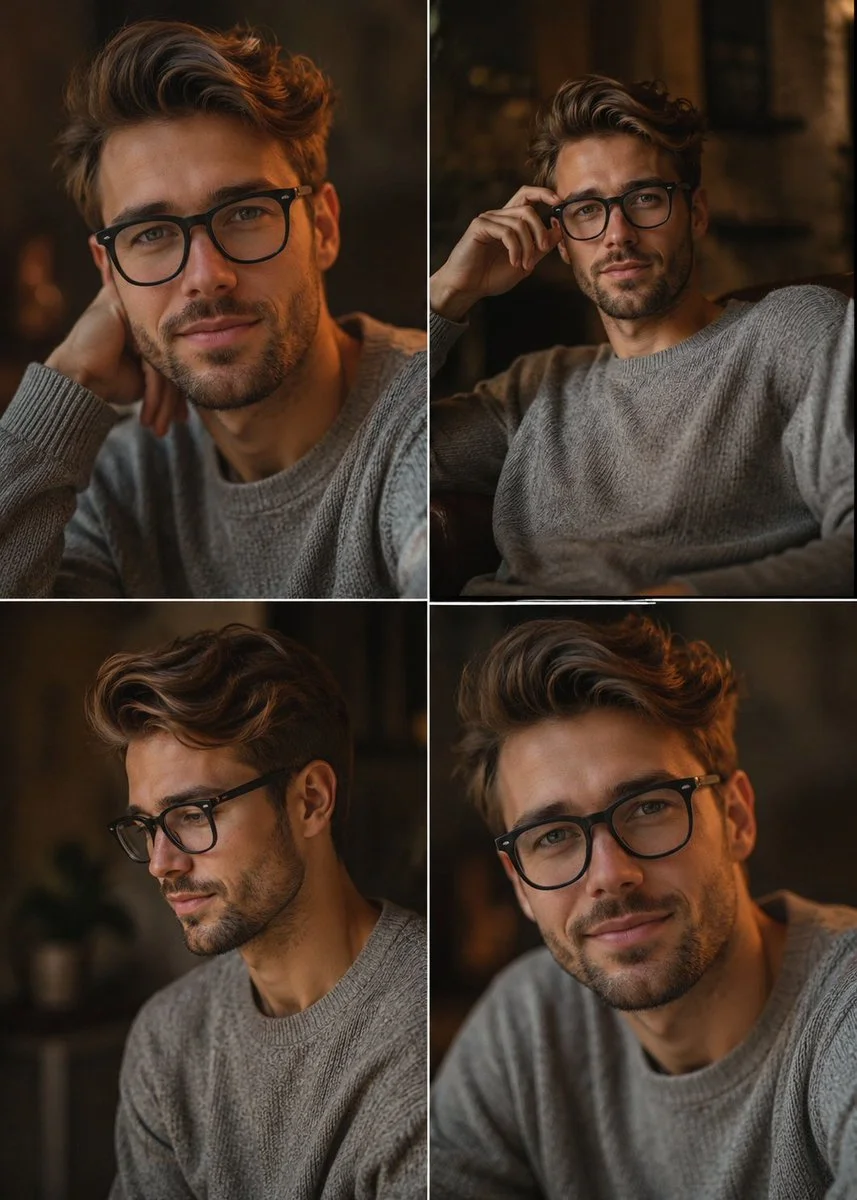 A man in a gray knit sweater poses with melancholic grace