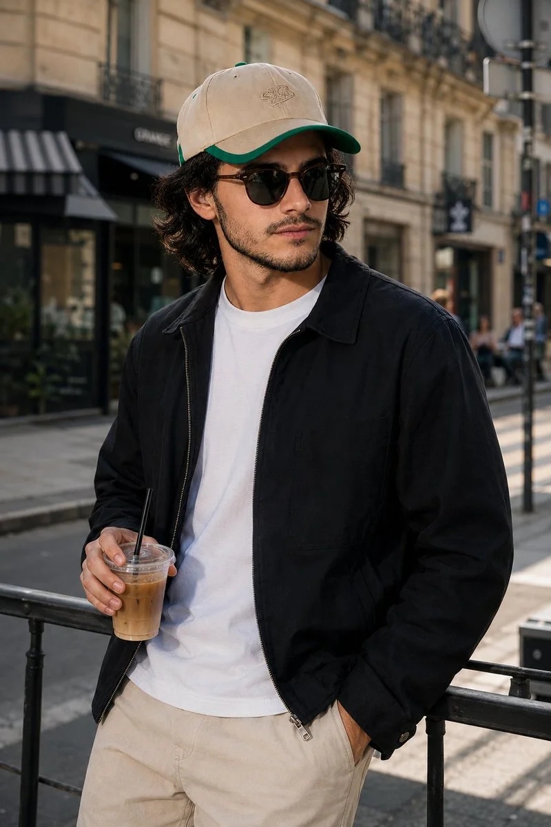 A man in a light jacket holds iced coffee on a sunny street