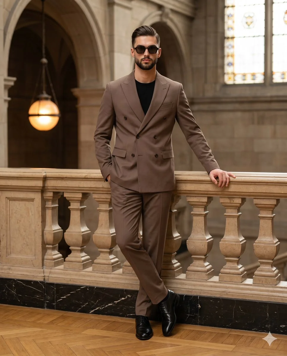 A man in a mocha suit leans on a stone balustrade.