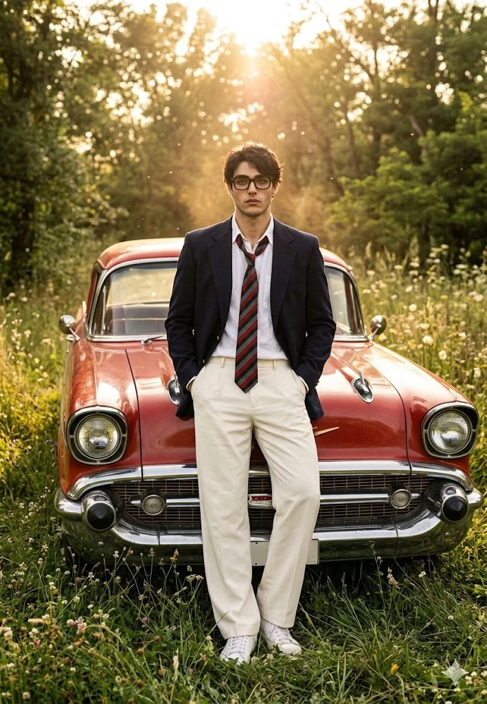 A man in a navy blazer leans against a vintage red car.