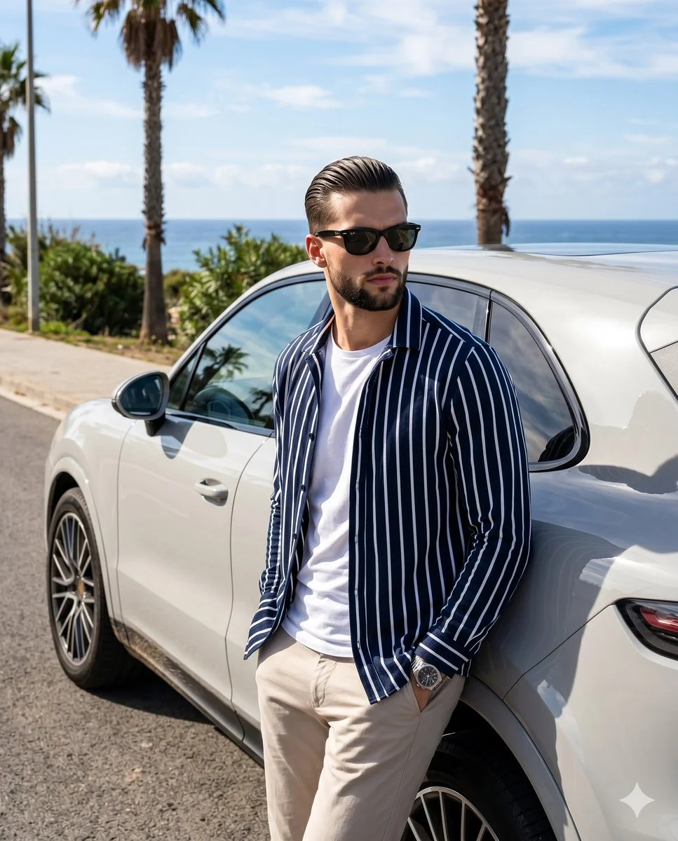 A man in a striped shirt leans against a luxury SUV.