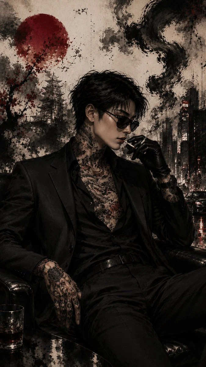 A man in a tailored black suit exhales smoke into ink strokes
