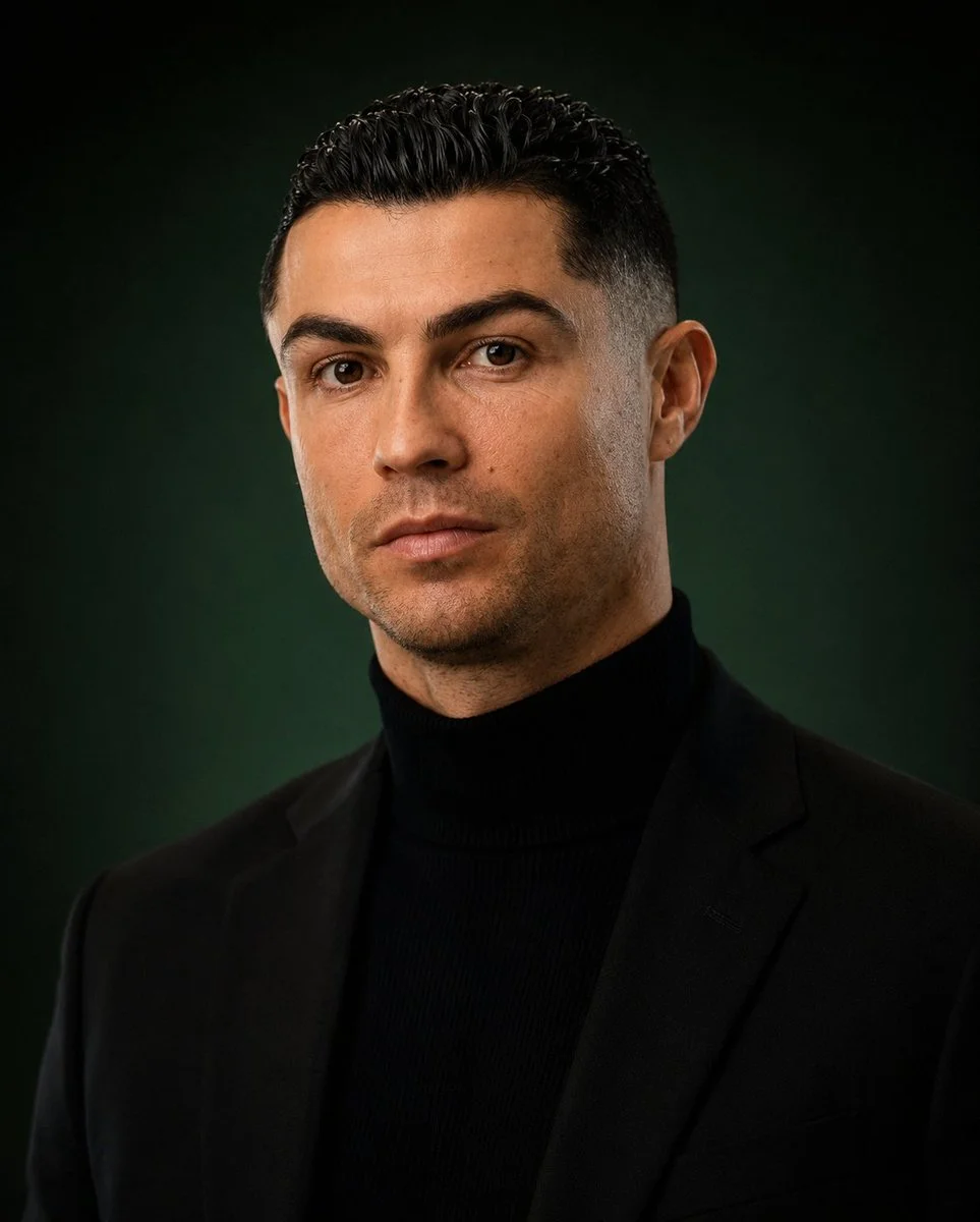 A man in black blazer stares calmly against dark green backdrop