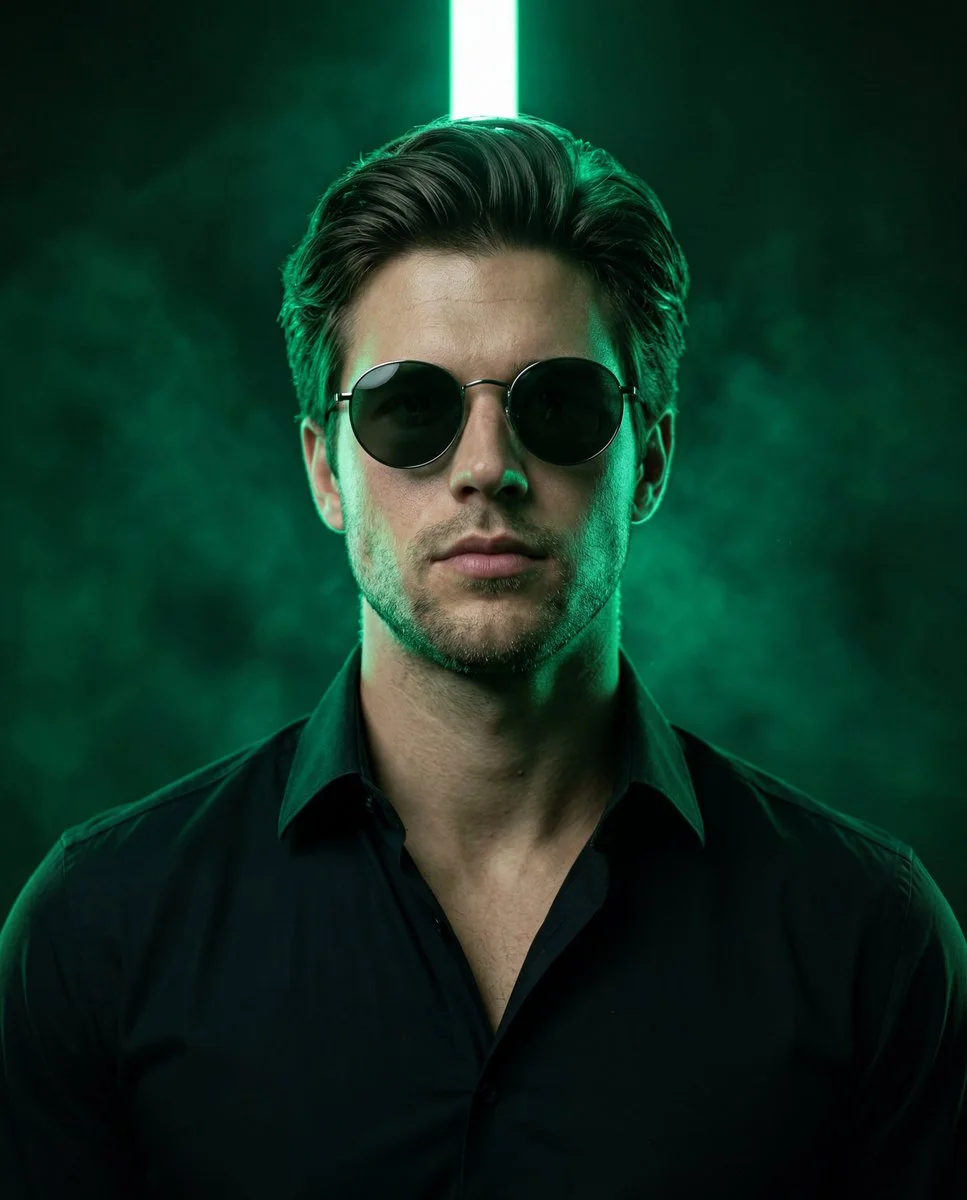 A man in black jacket with green neon halo around his head