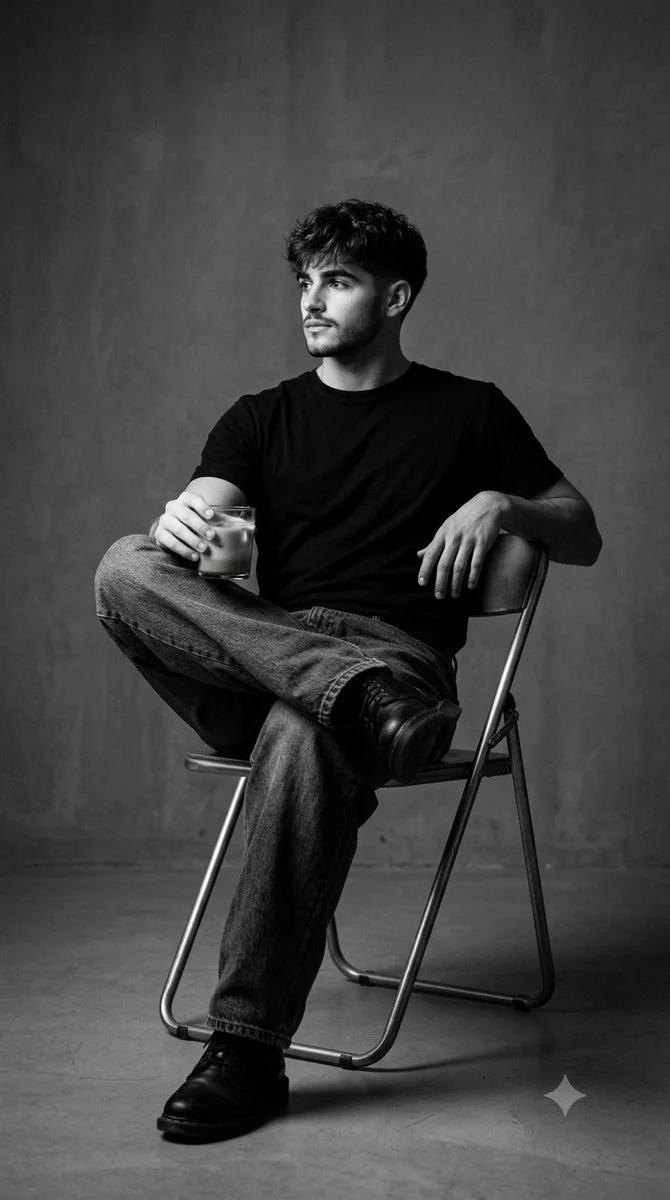 A man in black sits on a metal chair holding matcha.