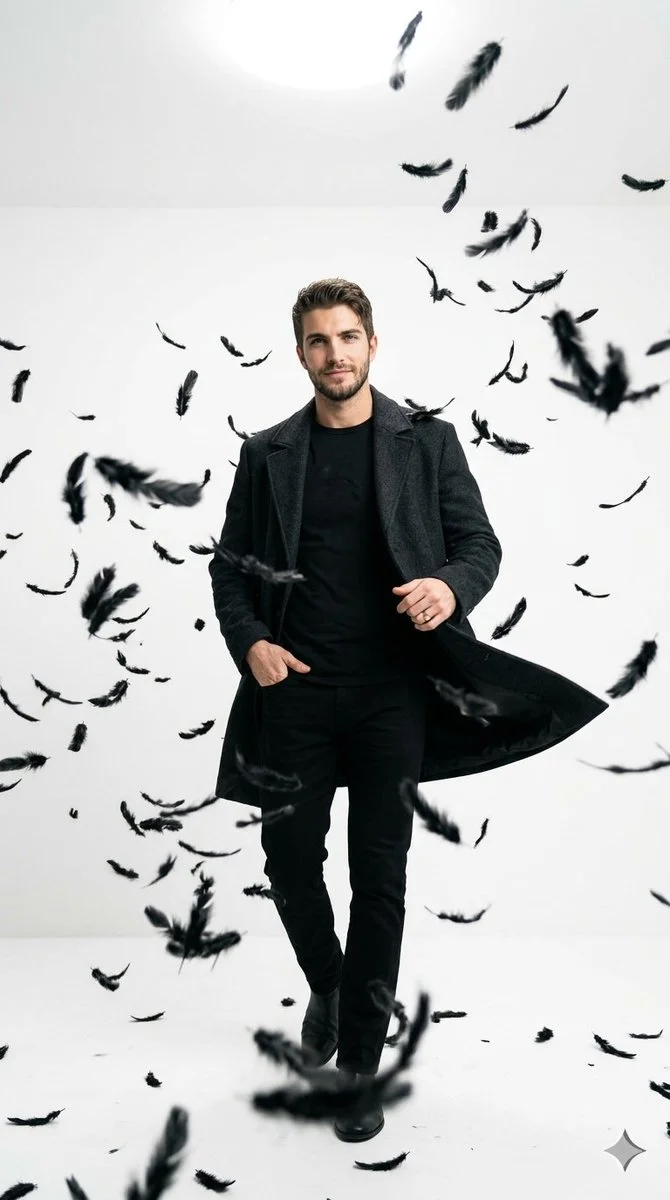 A man in black stands amid swirling feathers in a bright studio
