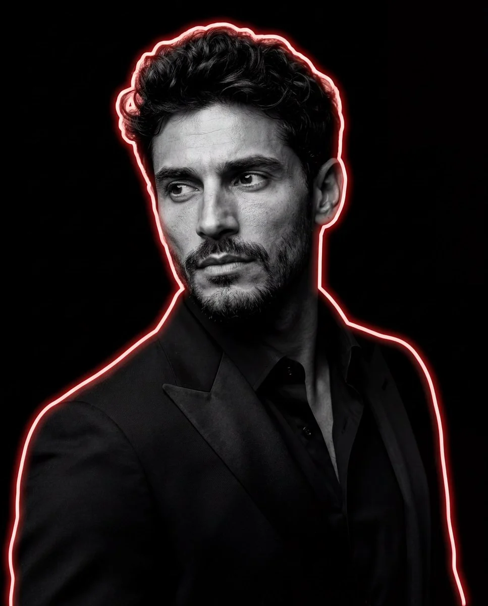 A man in black suit with red neon rim light looks away