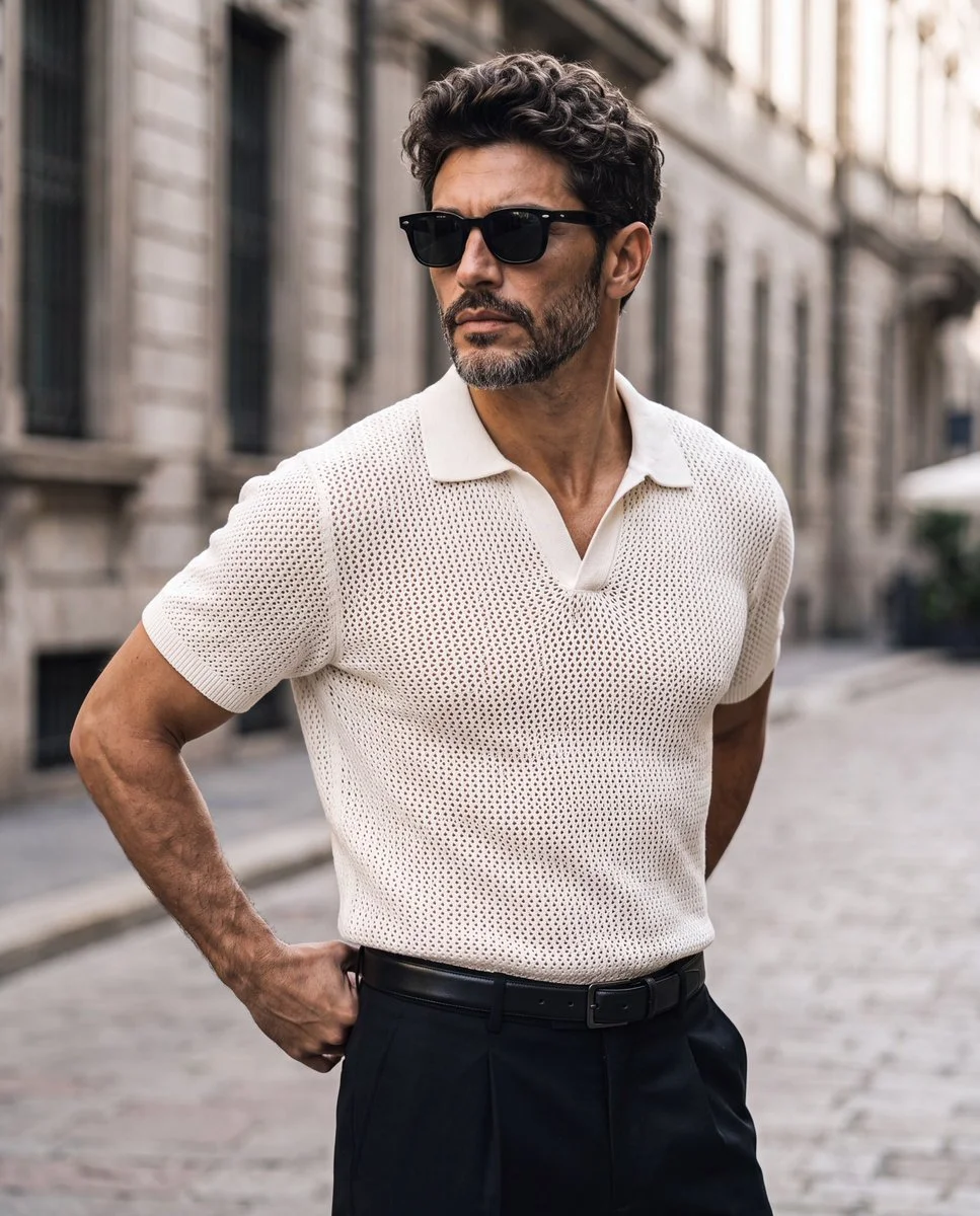 A man in black trousers and ivory knit poses on a European street