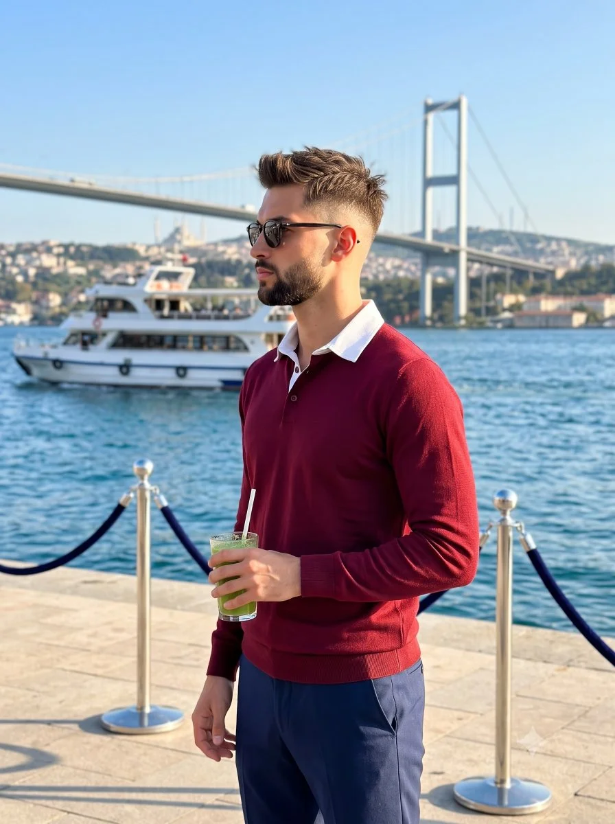 A man in burgundy polo poses by waterfront with drink