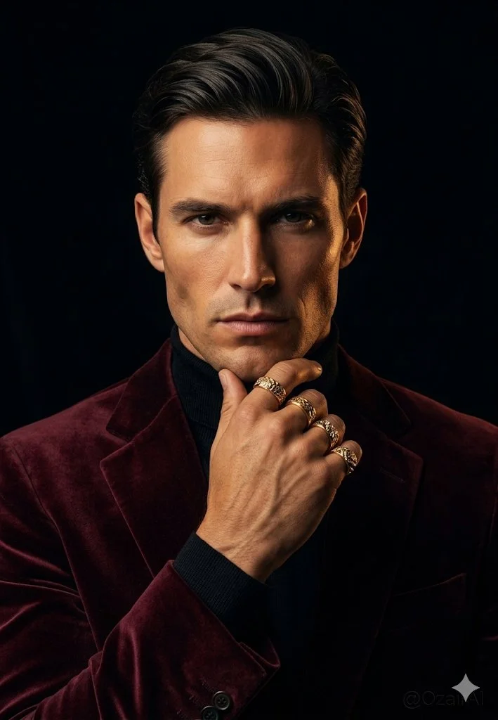 A man in burgundy velvet blazer poses with intense gaze