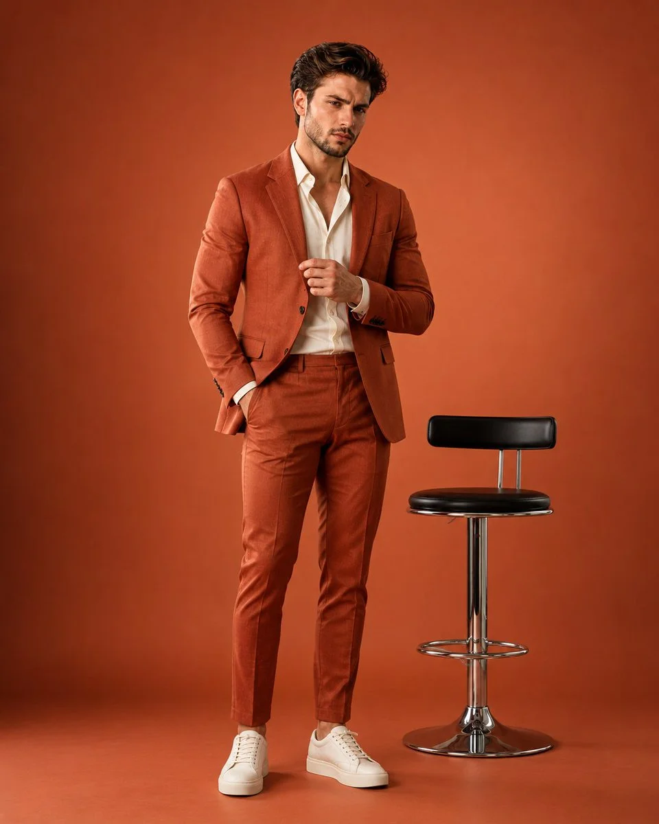 A man in burnt orange suit sits on chrome stool