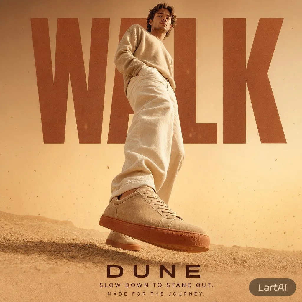A man in cream linen strides forward on sandy ground