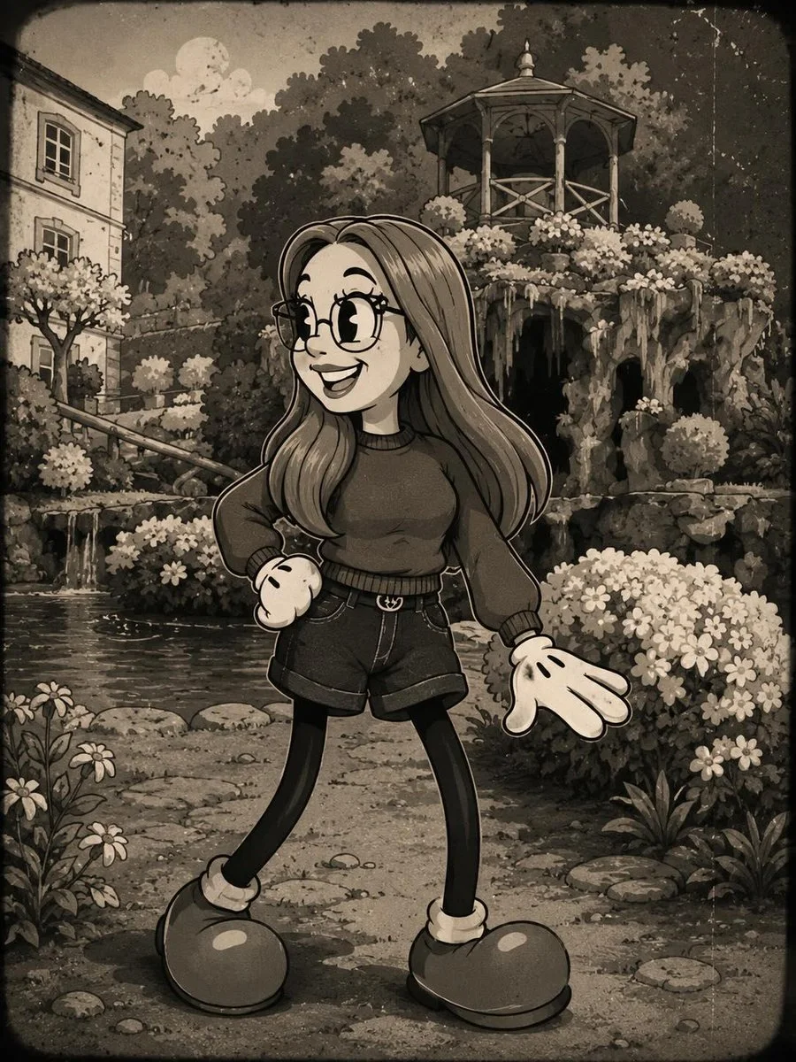 A man in glasses transforms into a rubber hose cartoon character