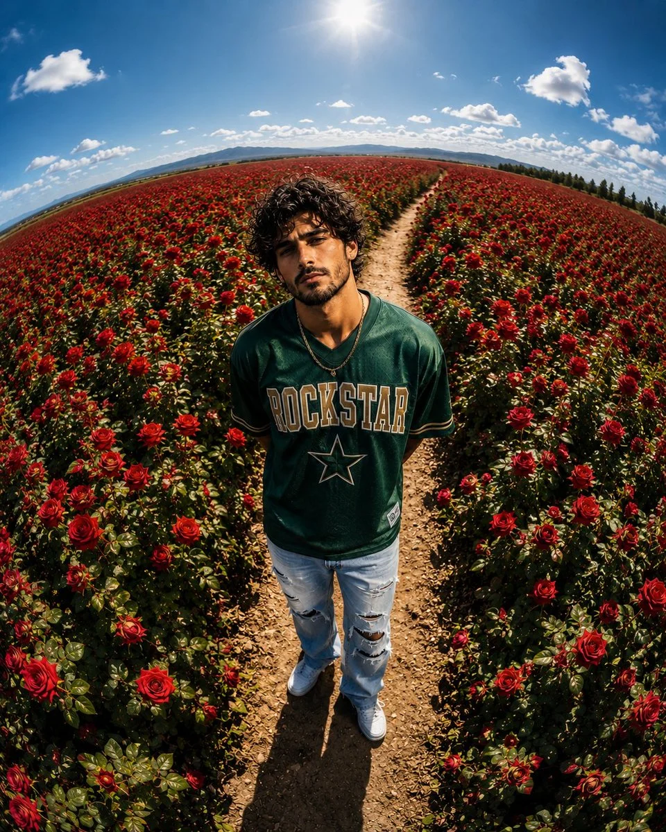 A man in green jersey stands on a winding dirt path through roses