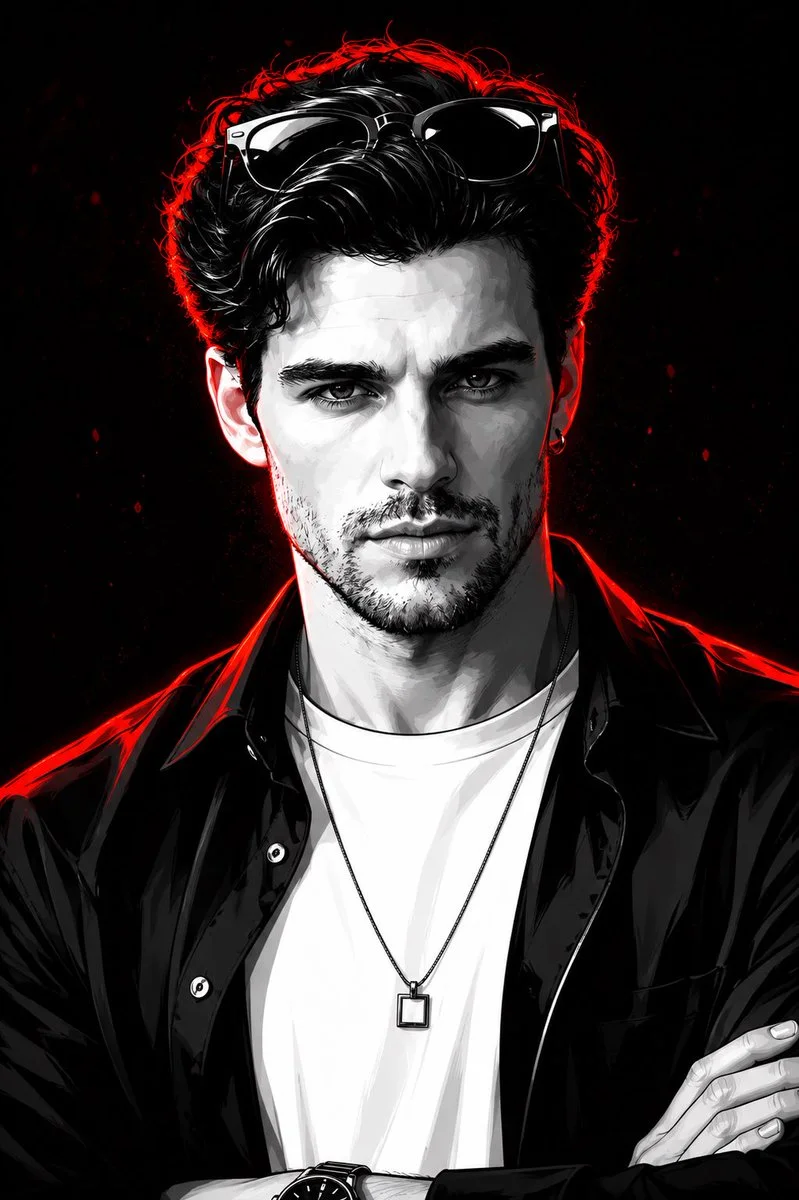 A man in monochrome vector with red neon rim lighting