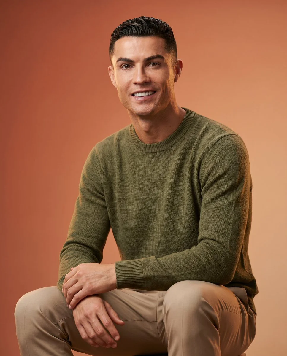 A man in olive sweater and beige trousers poses in studio