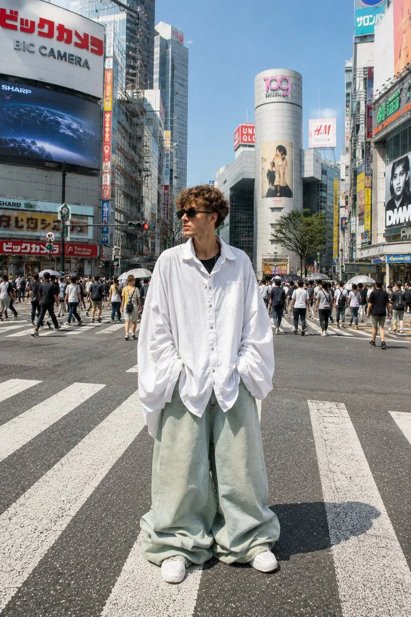 A man in oversized white shirt crosses Shibuya in Tokyo
