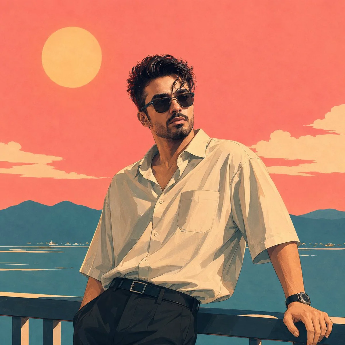 A man in sunglasses leans against a railing at sunset