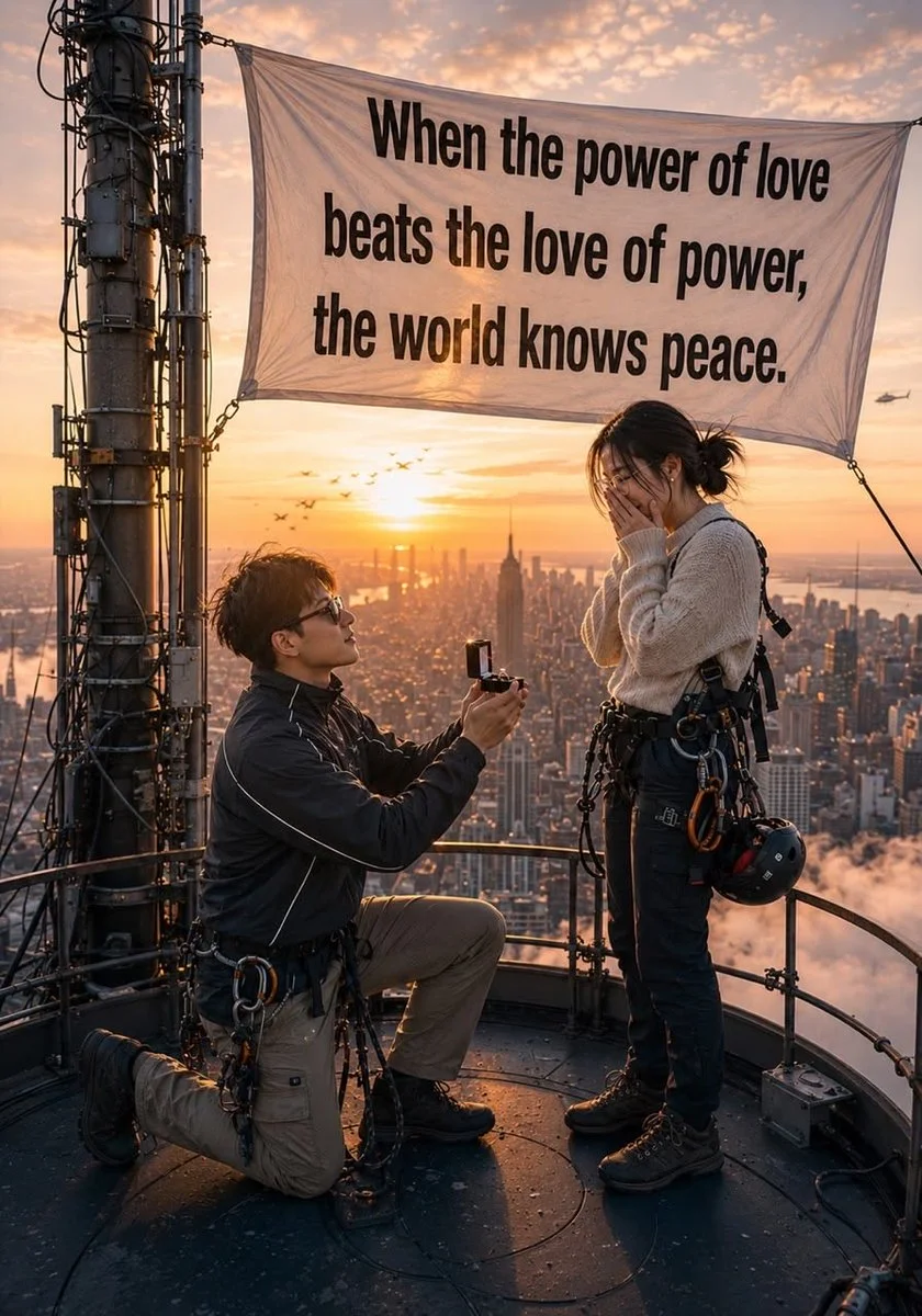 A man proposes on the Empire State Building at sunrise