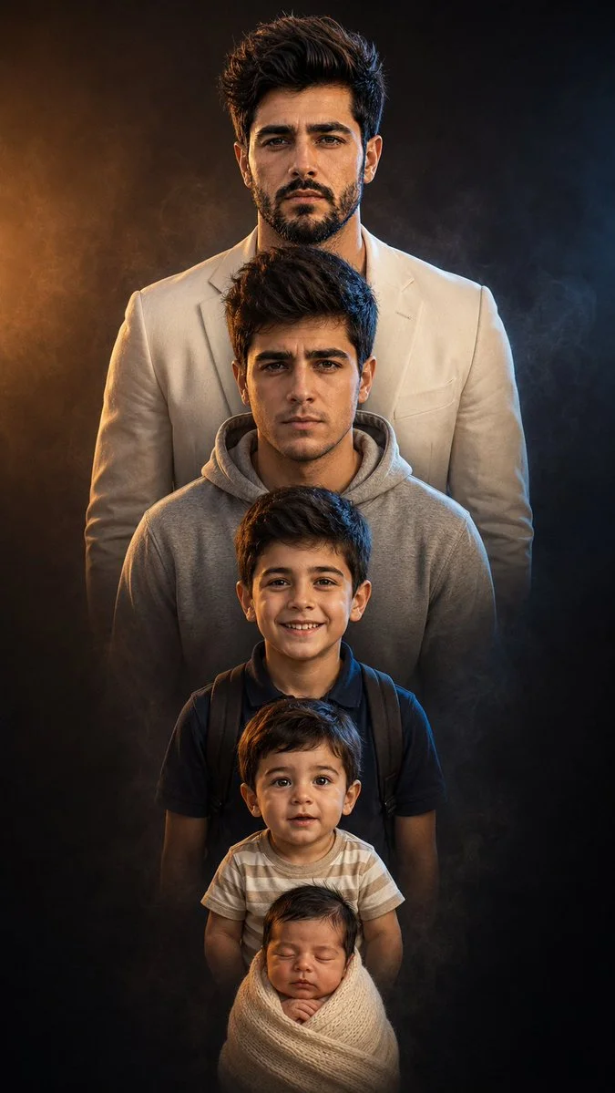 A man's life journey unfolds in five vertical stages from newborn to adult