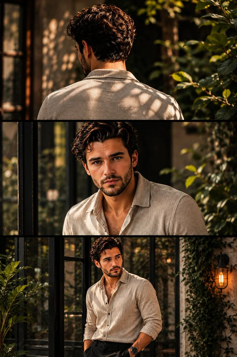 A man's portrait in three panels under golden hour sunlight