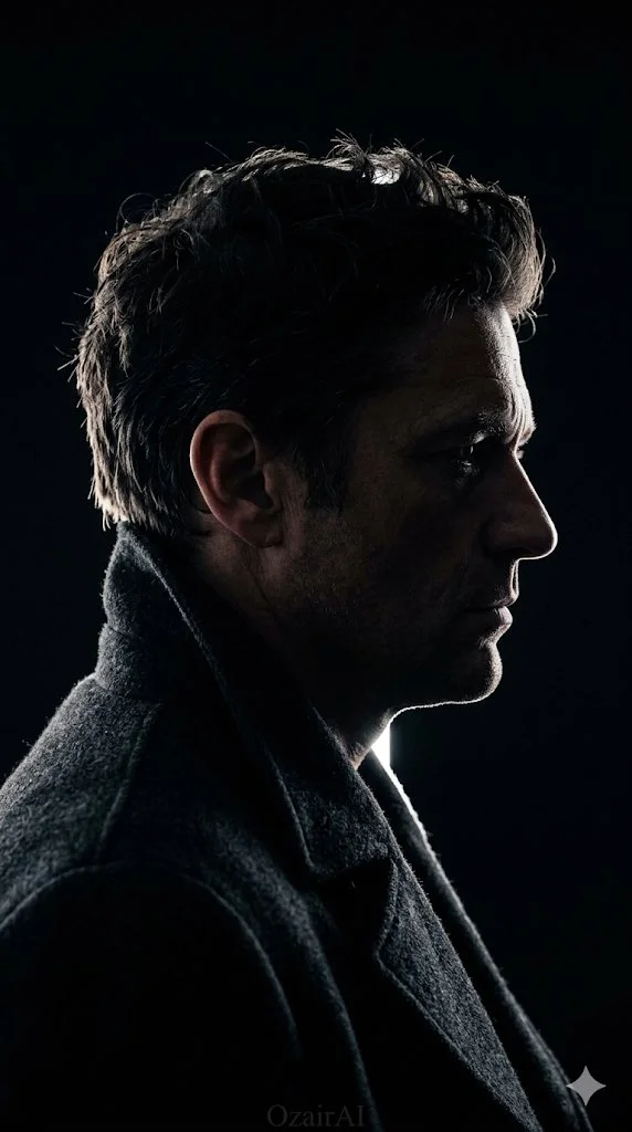 A man's silhouette profile emerges from pure black shadow