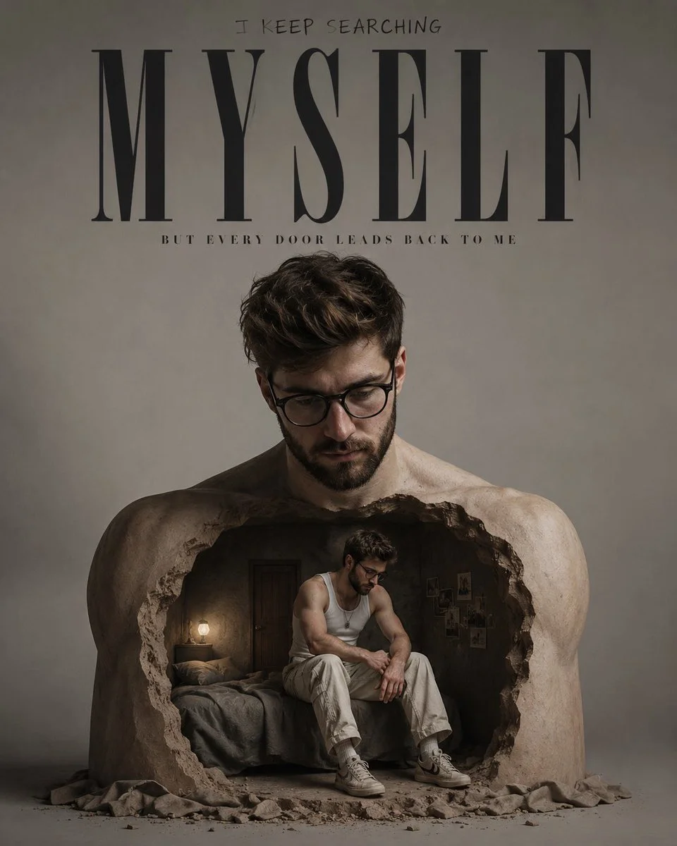 A man sits inside his own hollow chest sculpture in a gray studio